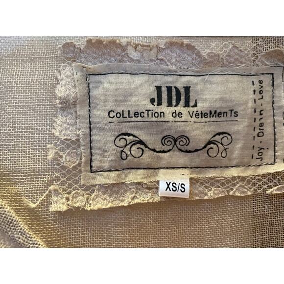 JDL Linen Tunic Top Women’s XS/S Ruffle Shirt Flower Appliqué Beige - Picture 2 of 9